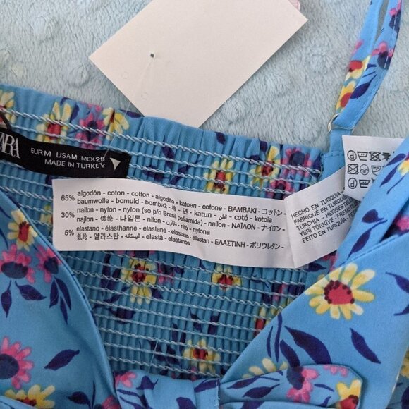NWT ZARA Blue floral crop top bra smocked back adjustable straps sz Medium - Picture 7 of 8